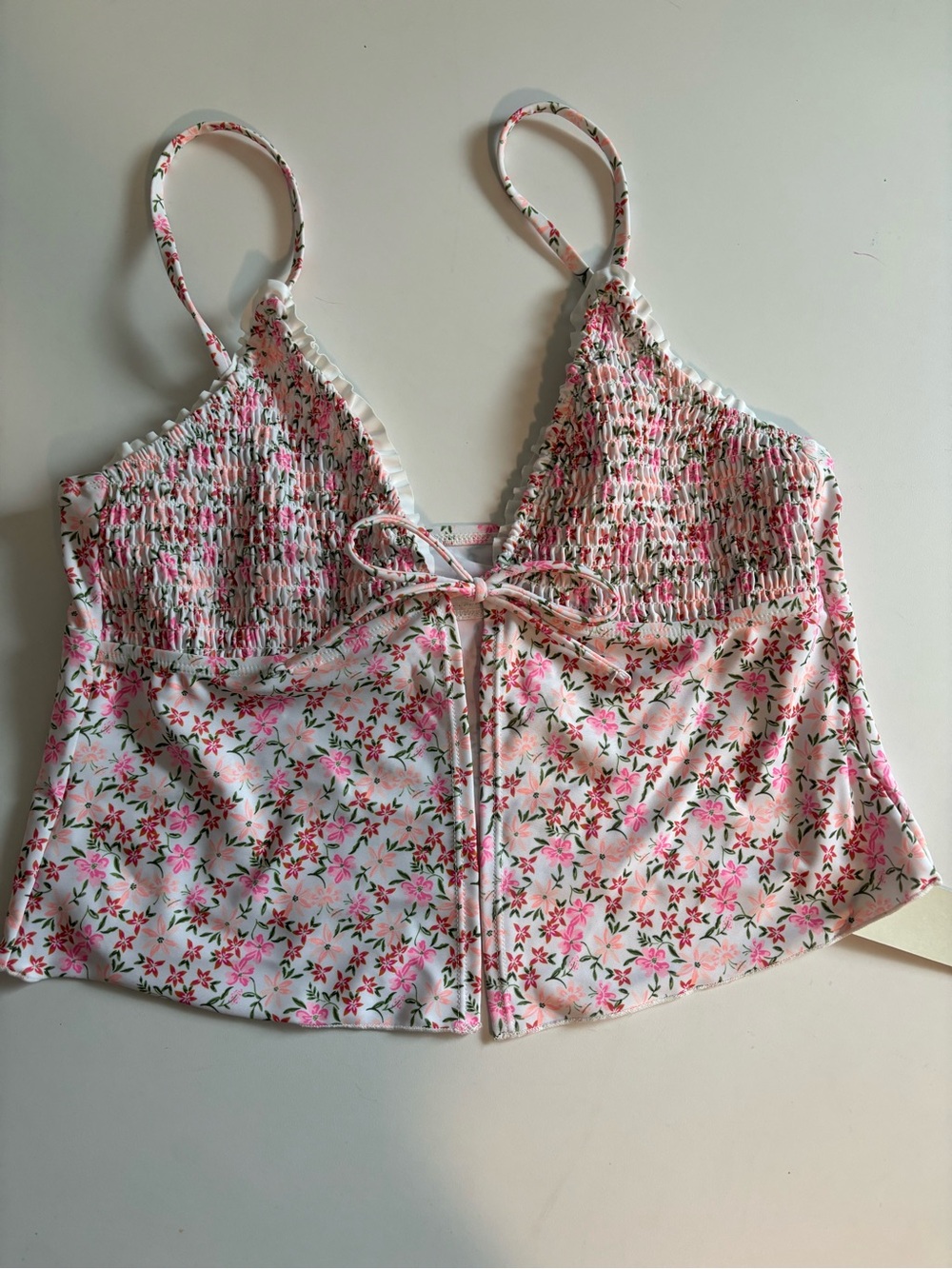 No Boundaries Smocked Open Tie-Front Tankini Pink White Floral Medium Swim Top